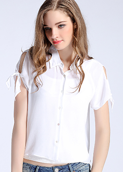 Tops - White sleeve silk crepe de chine short shirt