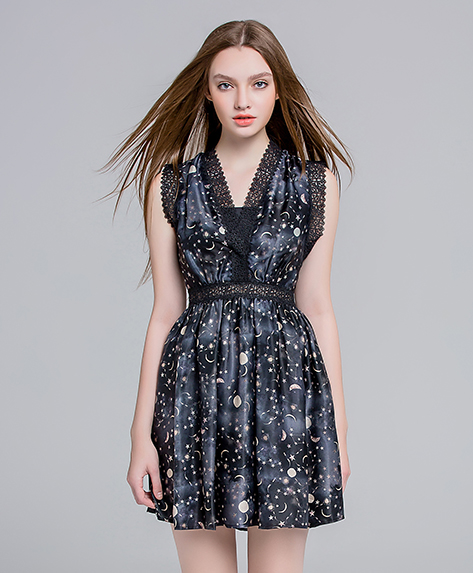 Dress - Moon & star printed silk satin dress