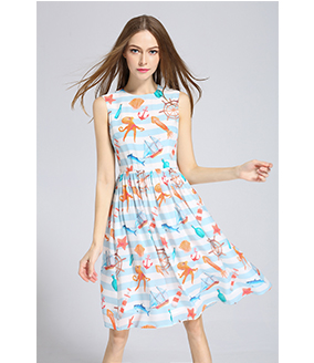 Dress - Stripe ocean printed Silk crepe de chine dress