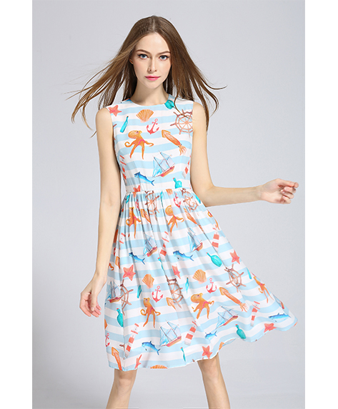 Dress - Stripe ocean printed Silk crepe de chine dress