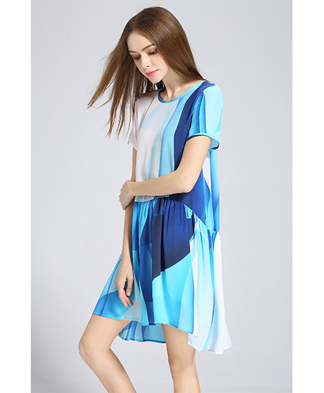 Dress - Ocean color printed loose fit silk dress